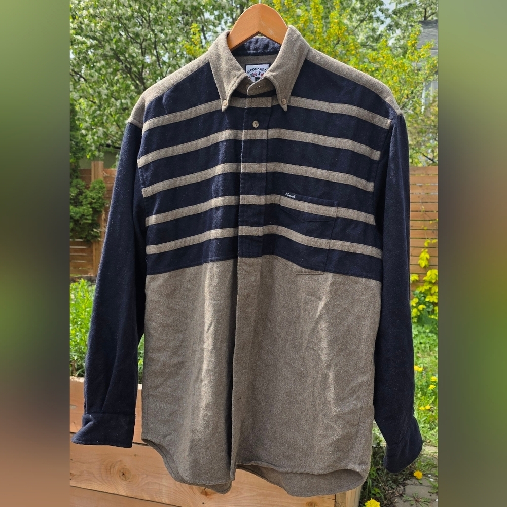 Faconnable Grey Wool Blend Shirt With Blue Striped Med, Men’s